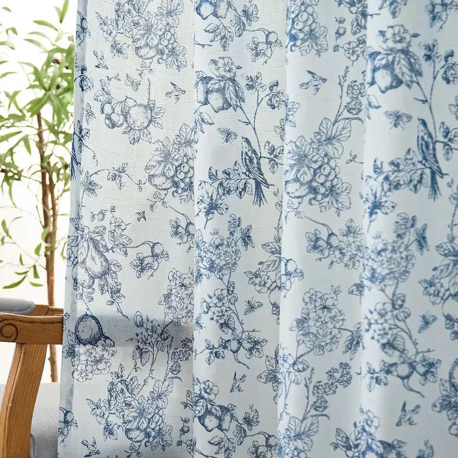 Vintage Bird & Vine Linen Curtains - Jinchan Home