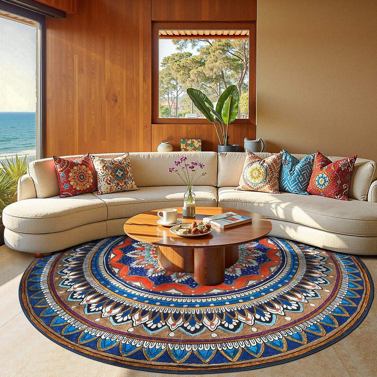 Cozy living room with beige curved sofa, colorful patterned pillows, round wooden coffee table, and vibrant mandala rug