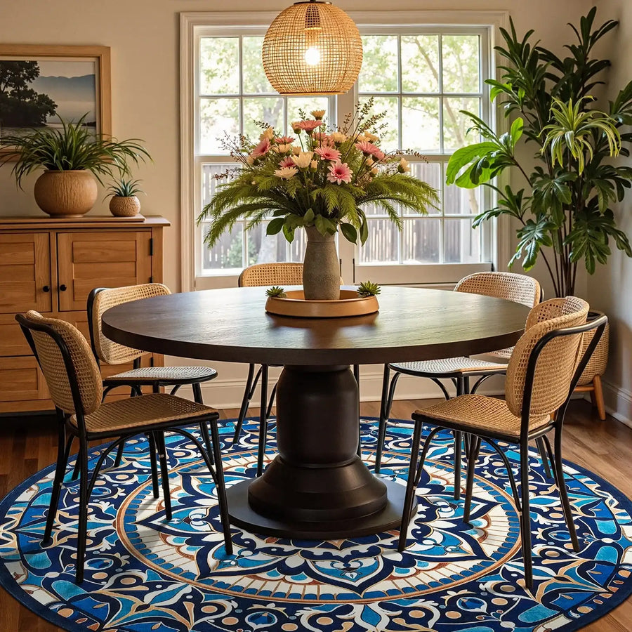 Round wooden dining table with six rattan chairs on blue patterned rug under wicker pendant light