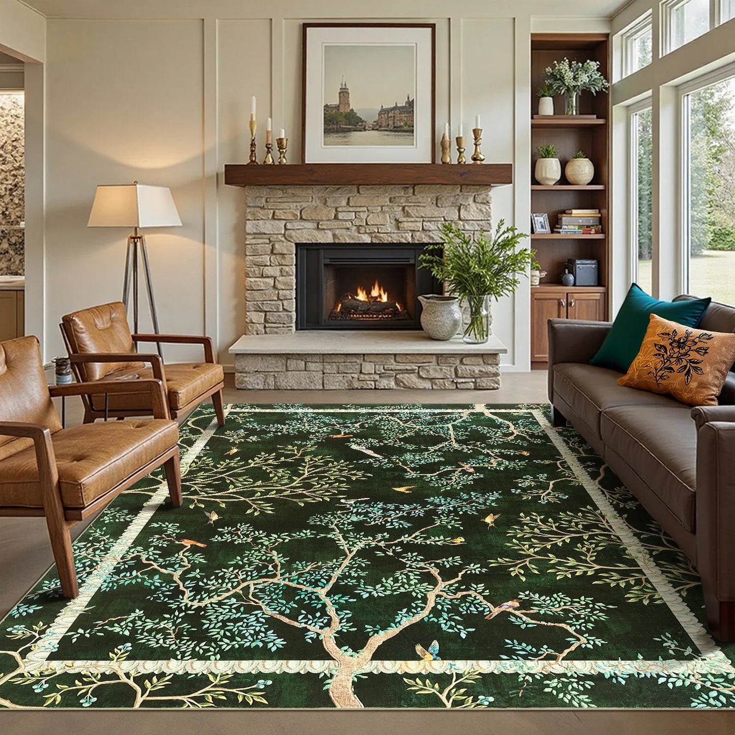 Branches & Birds Botanical Print Area Rug - Jinchan Home