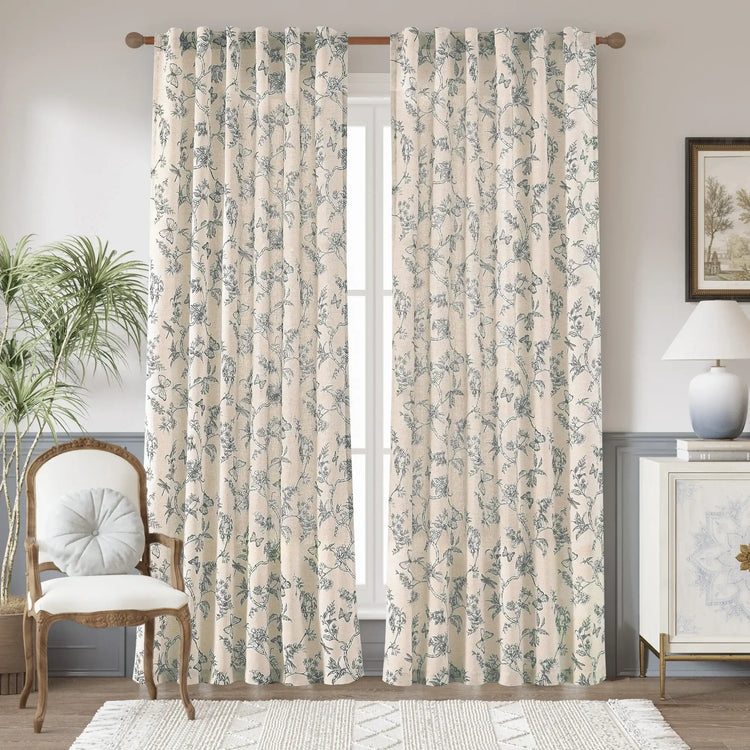 Modern Toile Floral & Insect Linen Curtains - Jinchan Home
