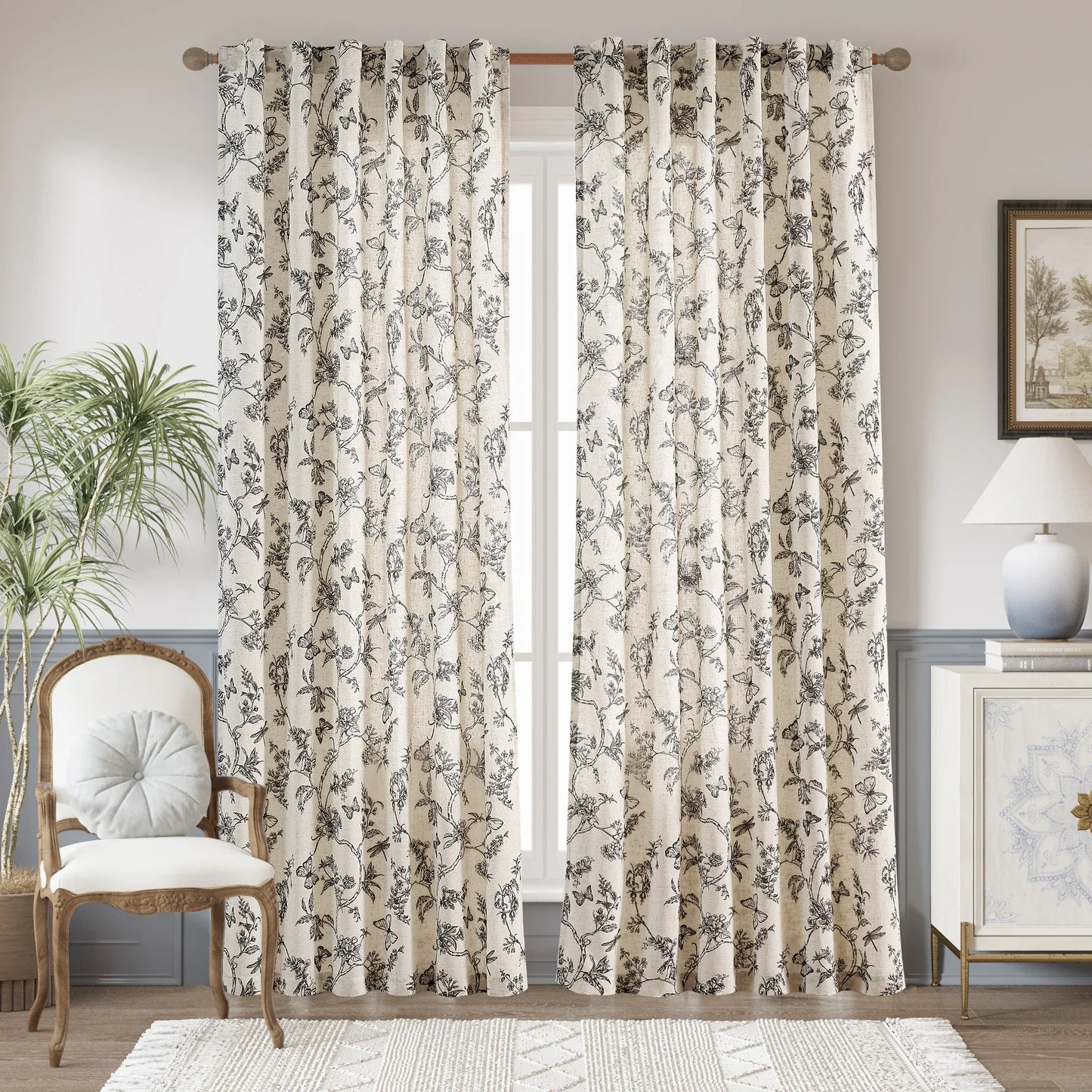 Modern Toile Floral & Insect Linen Curtains - Jinchan Home