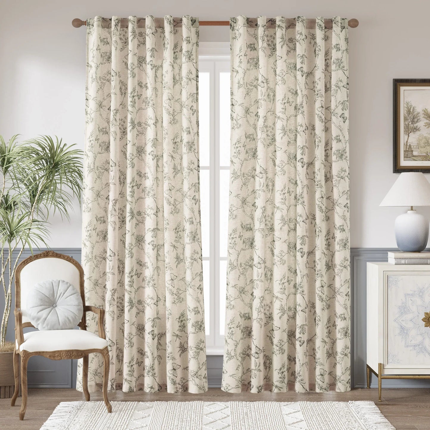 Modern Toile Floral & Insect Linen Curtains - Jinchan Home