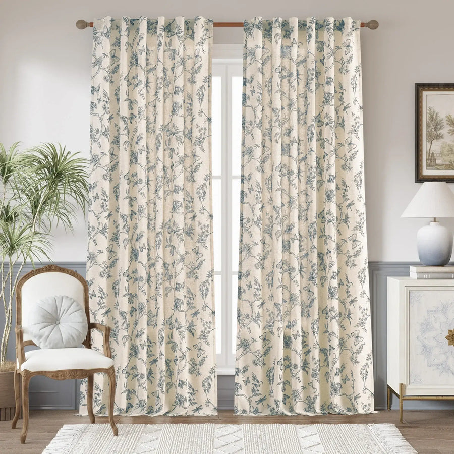 Modern Toile Floral & Insect Linen Curtains - Jinchan Home