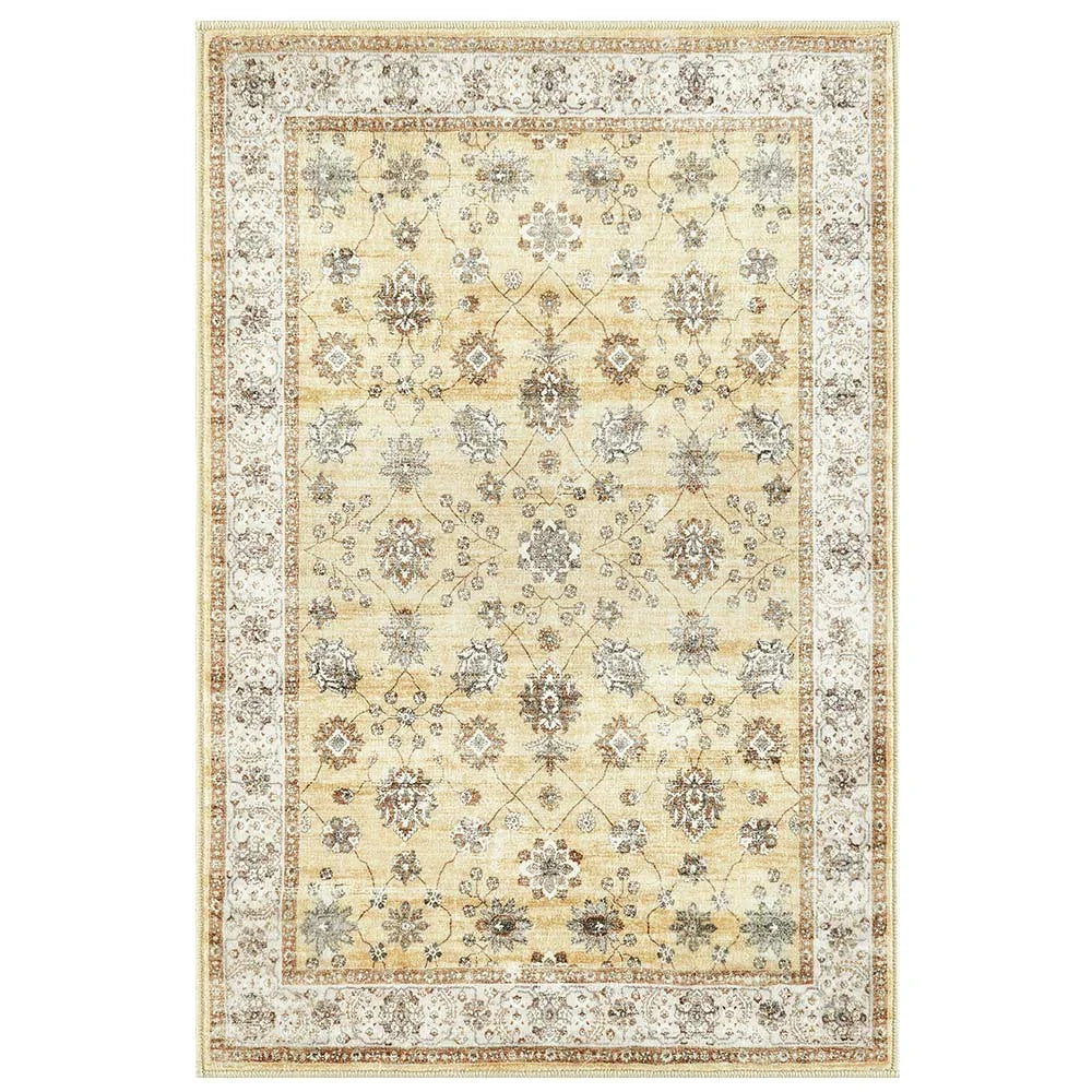 Beige traditional oriental area rug with floral and vine patterns and decorative border