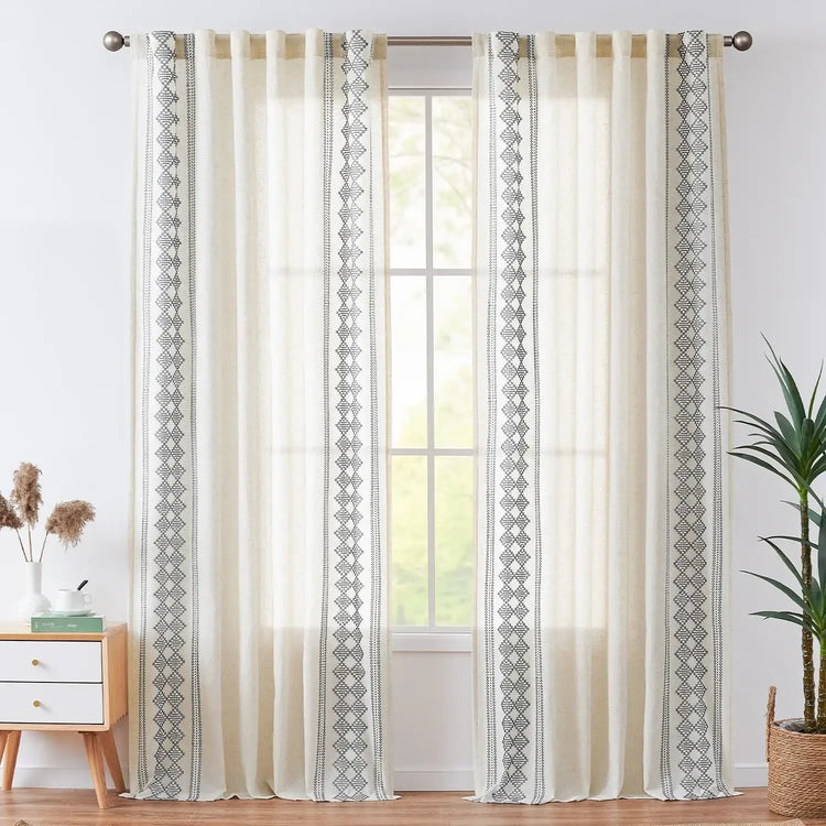 Embroidered Boho Ikat Geometric Curtains - Jinchan Home