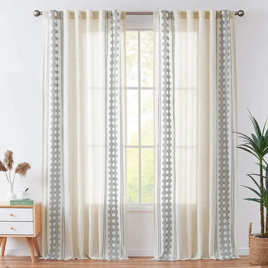 Embroidered Boho Ikat Geometric Curtains - Jinchan Home