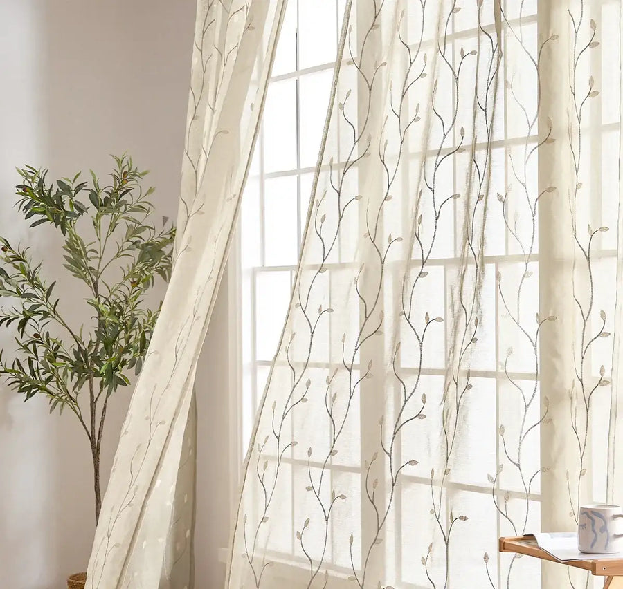 Leaf Embroidered Semi Sheers Curtains - Jinchan Home