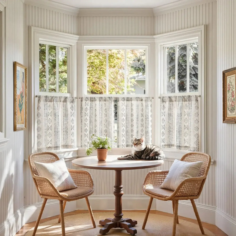 Boho Linen Rod Pocket Kitchen Curtains - Jinchan Home