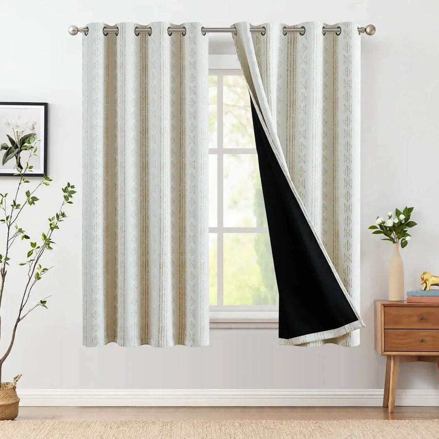 Light-Toned Boho Vertical-Stripe Geometric Grommet Curtains - Jinchan Home