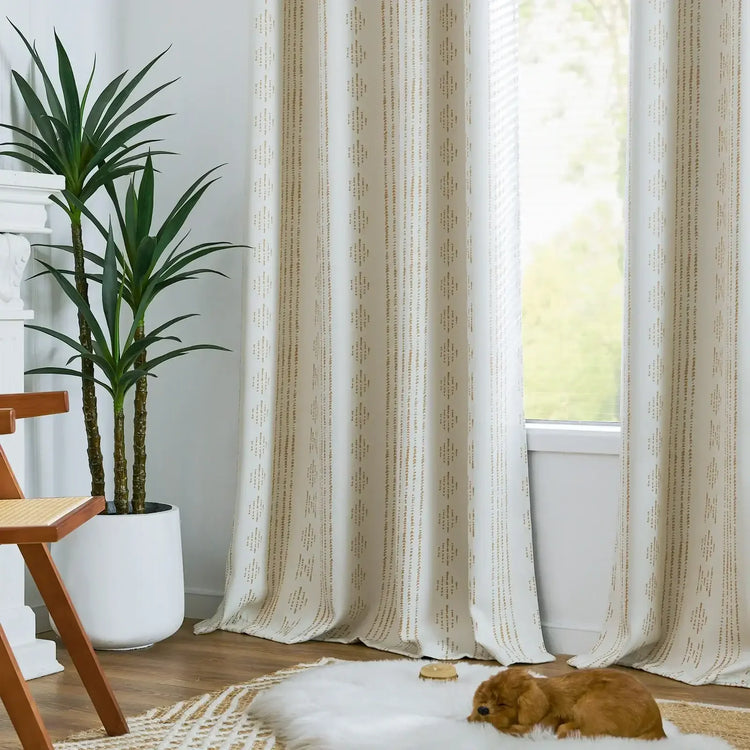 Light-Toned Boho Vertical-Stripe Geometric Grommet Curtains - Jinchan Home