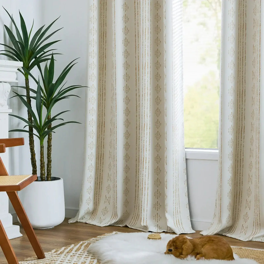 Light-Toned Boho Vertical-Stripe Geometric Grommet Curtains - Jinchan Home