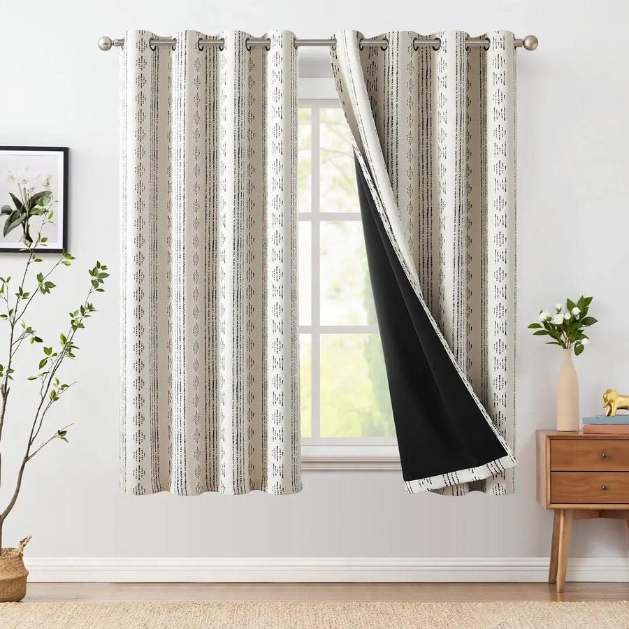 Light-Toned Boho Vertical-Stripe Geometric Grommet Curtains - Jinchan Home