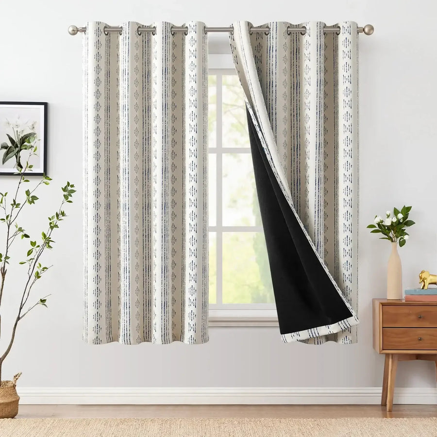 Light-Toned Boho Vertical-Stripe Geometric Grommet Curtains - Jinchan Home