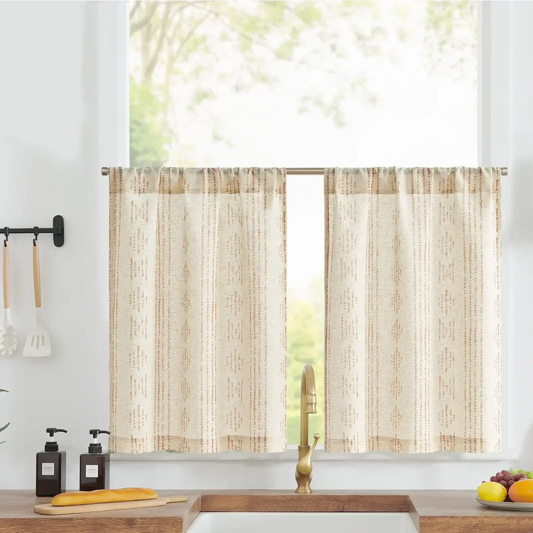 Boho Linen Rod Pocket Kitchen Curtains - Jinchan Home