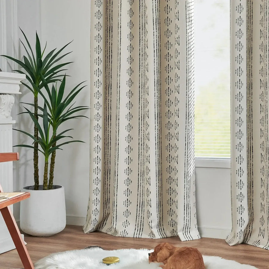 Light-Toned Boho Vertical-Stripe Geometric Grommet Curtains - Jinchan Home