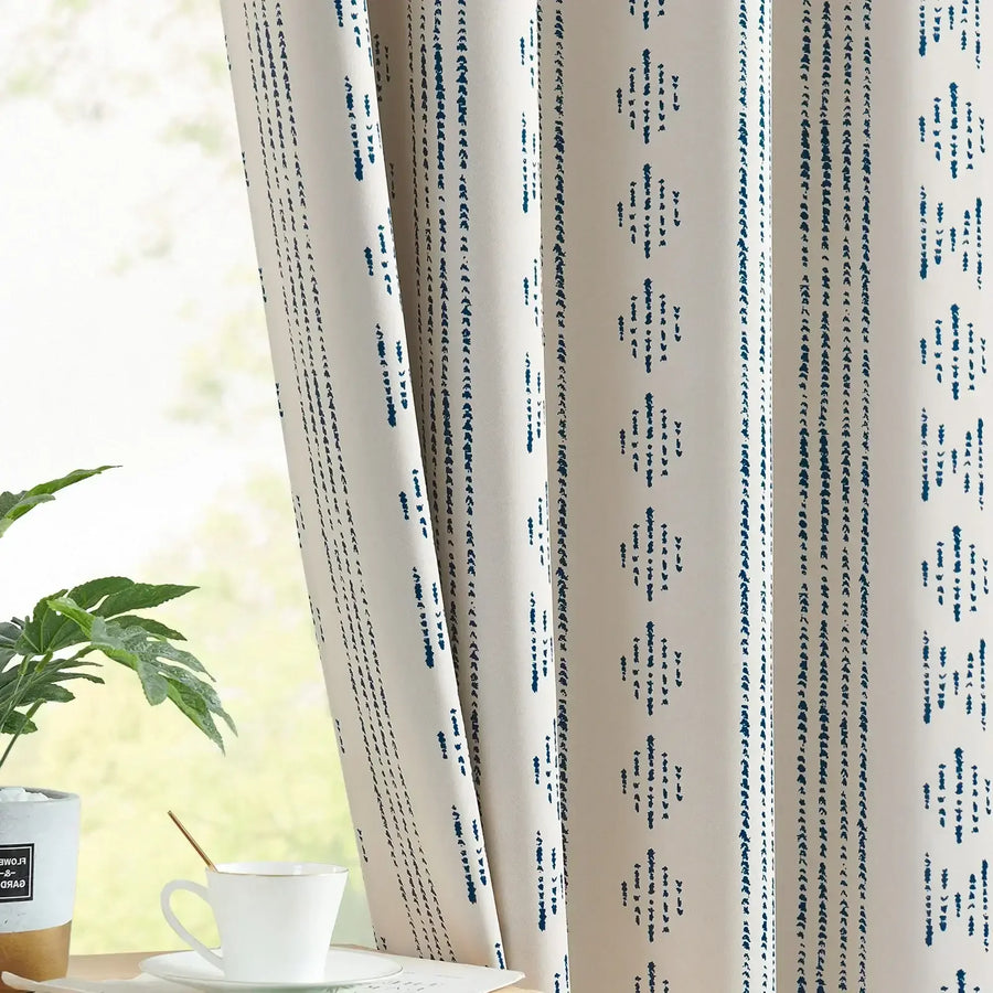 Light-Toned Boho Vertical-Stripe Geometric Grommet Curtains - Jinchan Home