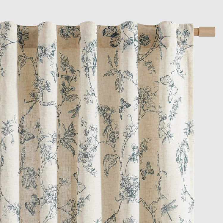 Modern Toile Floral & Insect Linen Curtains - Jinchan Home