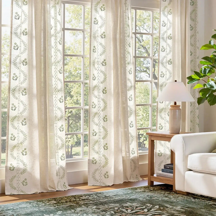 Embroidered Vine Floral Linen Curtains - Jinchan Home