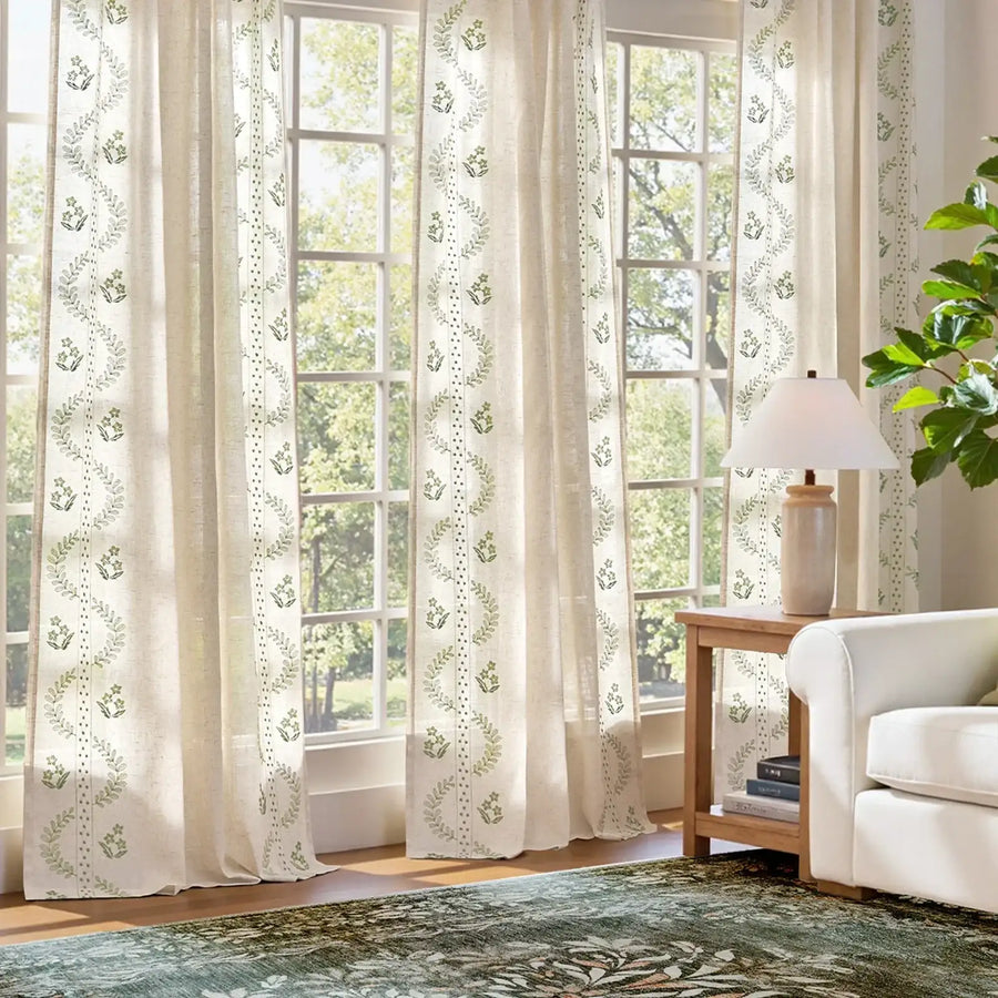 Embroidered Vine Floral Linen Curtains - Jinchan Home