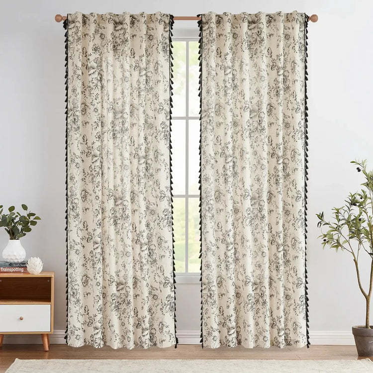 Black Tasseled Floral Curtains - Jinchan Home