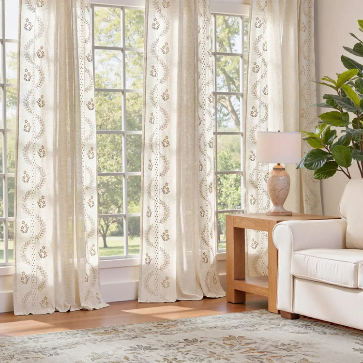 Embroidered Vine Floral Linen Curtains - Jinchan Home