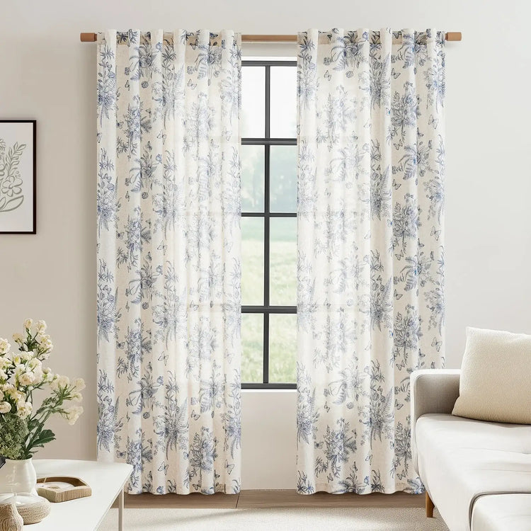 Butterfly Blossom Print Linen-Blend 3-in-1 Curtains - Jinchan Home