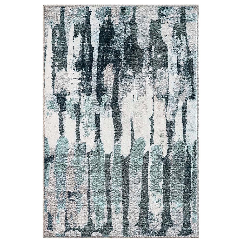 Abstract modern area rug with vertical brushstroke patterns in shades of blue, gray, and white