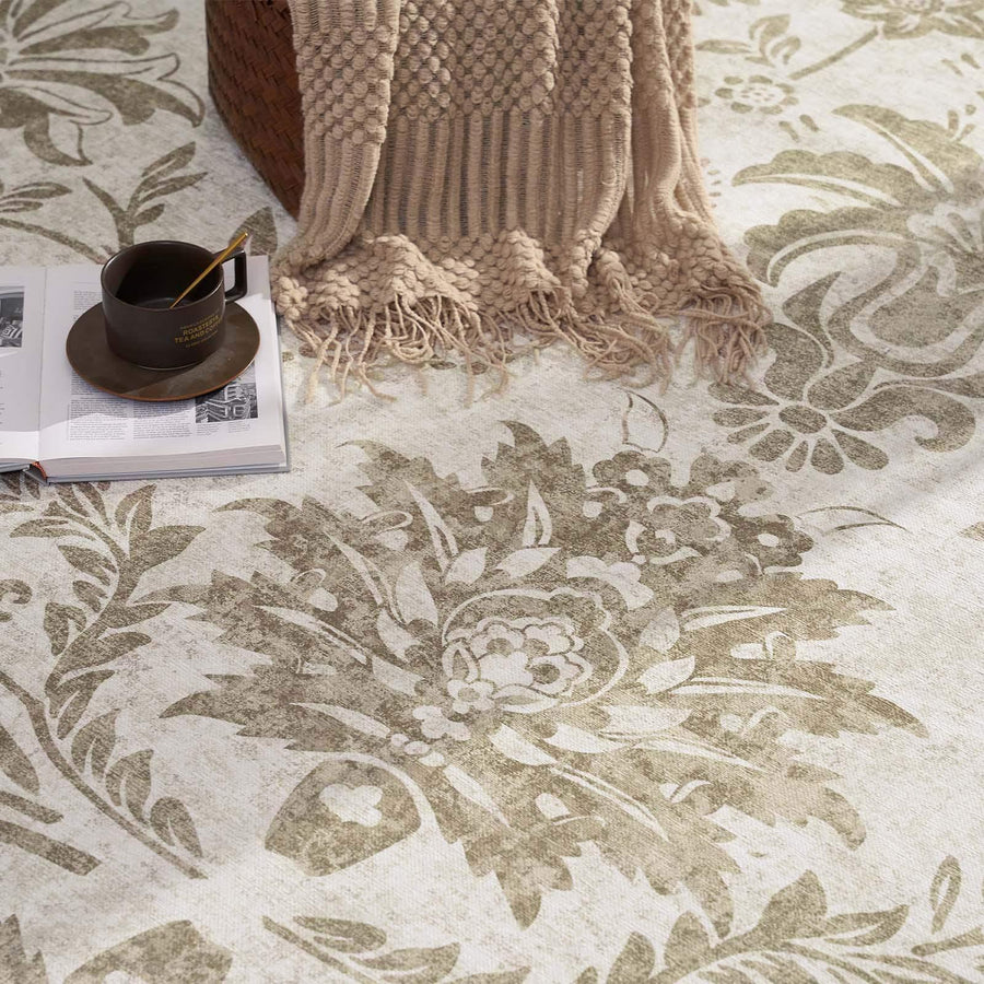 Vintage Distressed Large Floral Scrollwork Area Rug - Jinchan Home