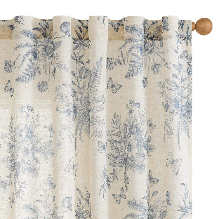 Butterfly Blossom Print Linen-Blend 3-in-1 Curtains - Jinchan Home