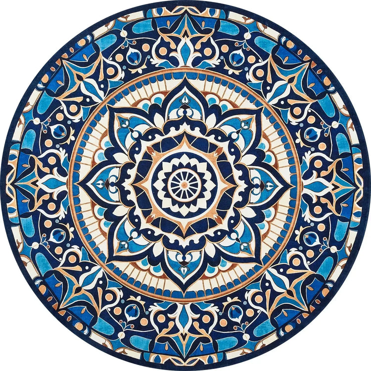 Round decorative rug with intricate blue, beige, and white floral mandala design