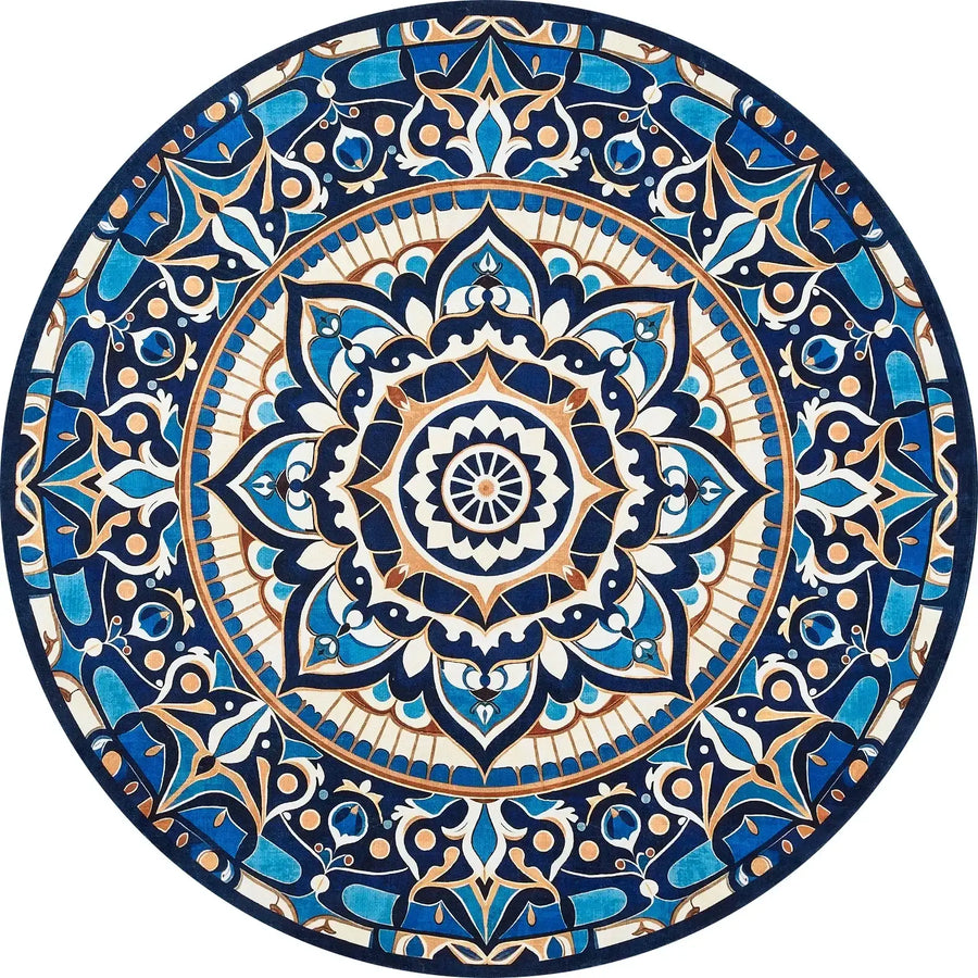 Round decorative rug with intricate blue, beige, and white floral mandala design
