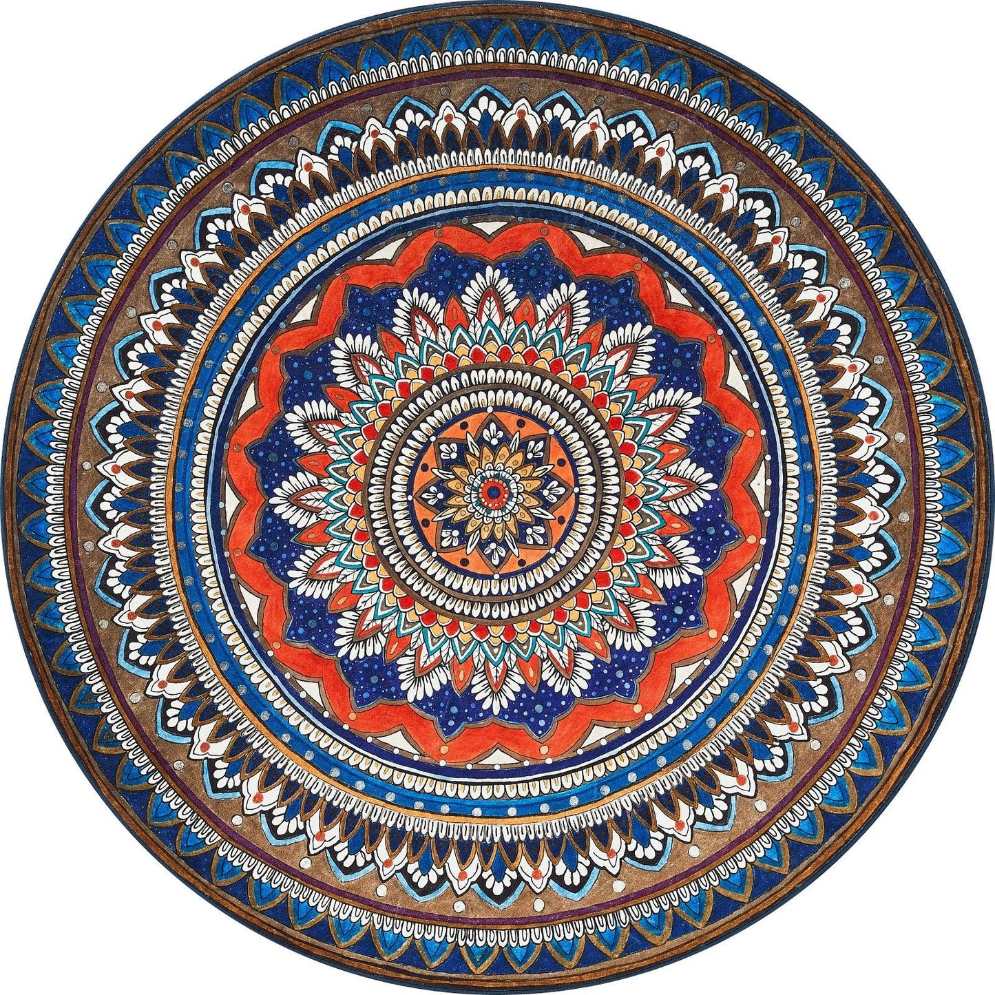 Colorful round mandala with intricate symmetrical patterns in blue, orange, white, and brown