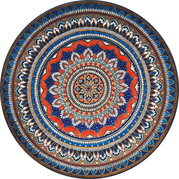 Colorful round mandala with intricate symmetrical patterns in blue, orange, white, and brown