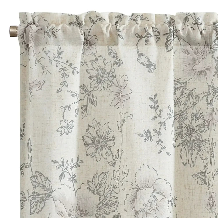 Vintage Line-Art Large Floral Rod Pocket Kitchen Curtains - Jinchan Home